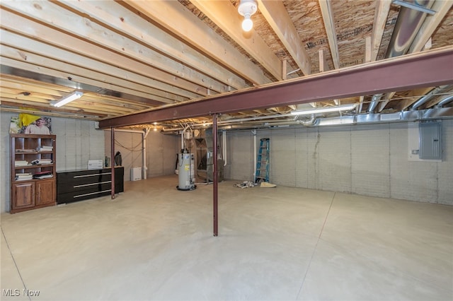 basement with water heater and electric panel