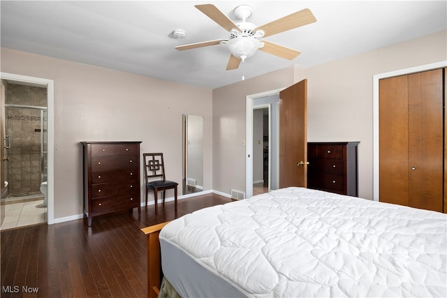 bedroom featuring a closet, ceiling fan, dark hardwood / wood-style flooring, and ensuite bath