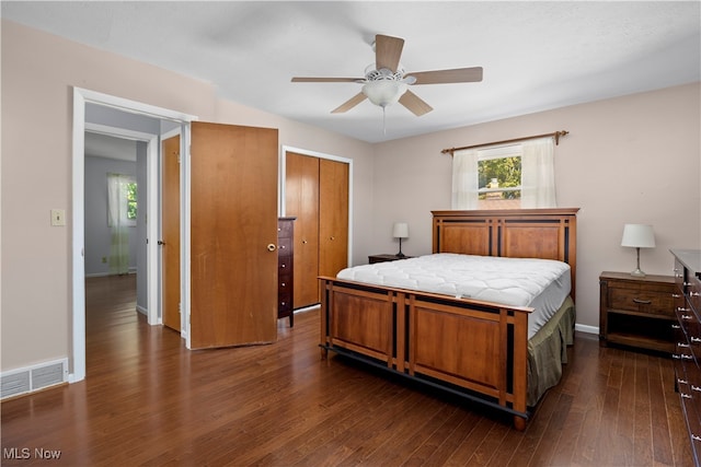 bedroom with dark wood-type flooring, ceiling fan, and a closet