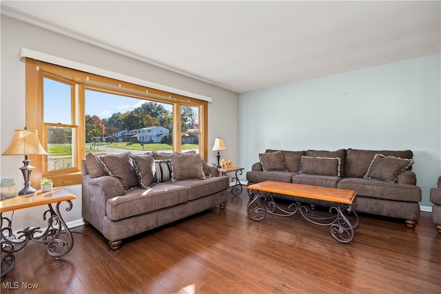 living room with a healthy amount of sunlight and dark hardwood / wood-style flooring