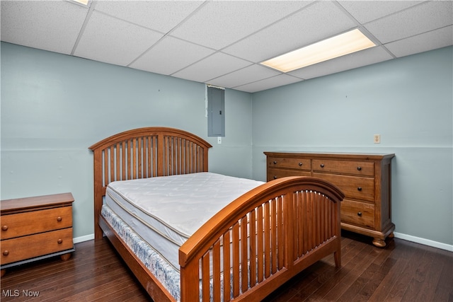 bedroom featuring a paneled ceiling, electric panel, and dark hardwood / wood-style floors