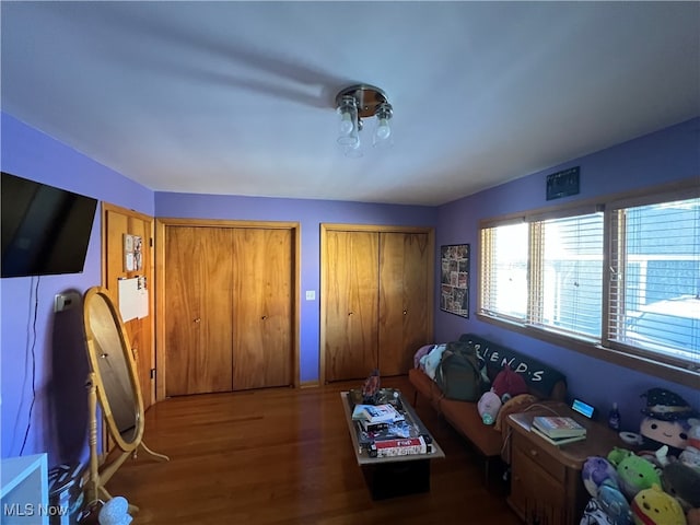 living room with dark hardwood / wood-style flooring