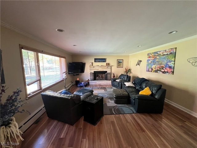 living room featuring ornamental molding, hardwood / wood-style floors, and baseboard heating