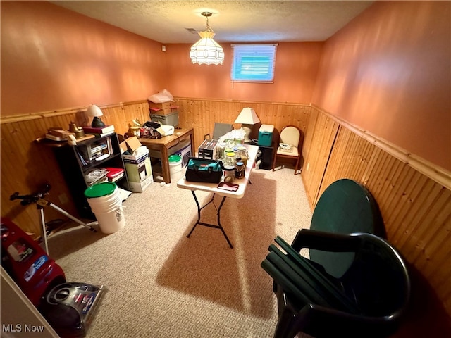 miscellaneous room featuring a textured ceiling, wooden walls, and carpet floors