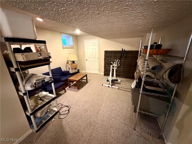 workout area with carpet flooring and a textured ceiling