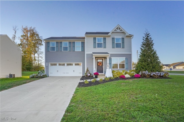 view of front of property with a garage, a front lawn, and central air condition unit