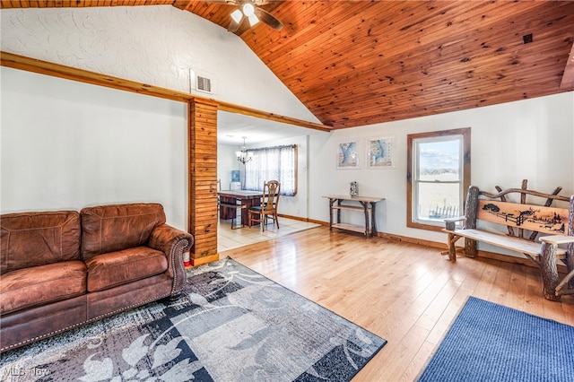 living room with light hardwood / wood-style floors, high vaulted ceiling, wooden ceiling, and ceiling fan with notable chandelier