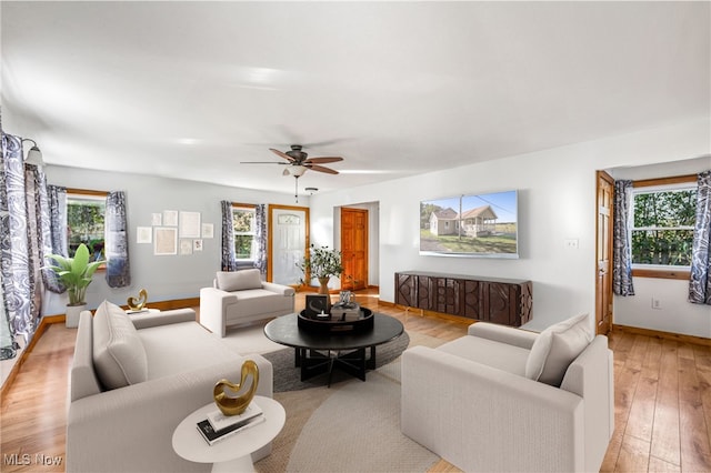 living room featuring light hardwood / wood-style floors and ceiling fan