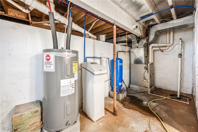 utility room featuring electric water heater and heating unit