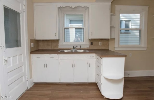 kitchen with white cabinetry, tasteful backsplash, sink, and dark hardwood / wood-style flooring