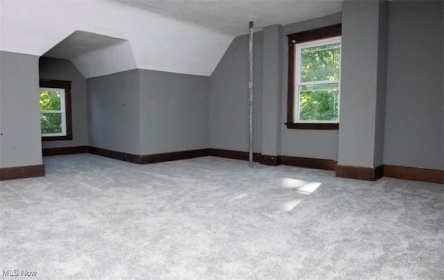 additional living space featuring vaulted ceiling and light carpet