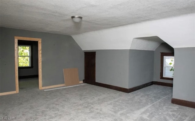 bonus room featuring carpet, vaulted ceiling, and a textured ceiling