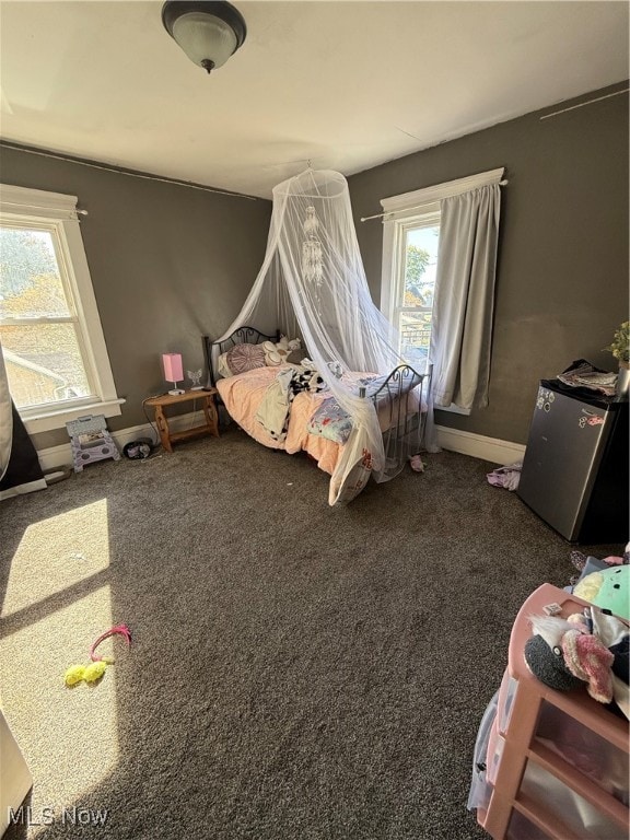 bedroom with dark carpet