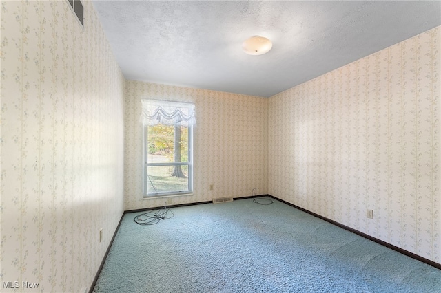 unfurnished room with a textured ceiling and carpet flooring