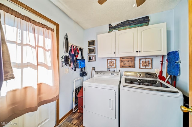 clothes washing area with dark hardwood / wood-style flooring, cabinets, ceiling fan, washing machine and dryer, and a textured ceiling