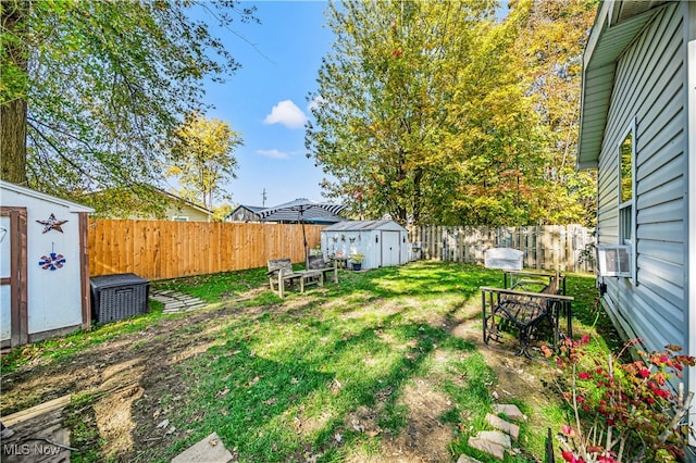 view of yard with a storage shed