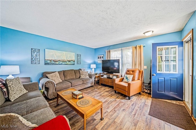 living room featuring wood-type flooring and a textured ceiling