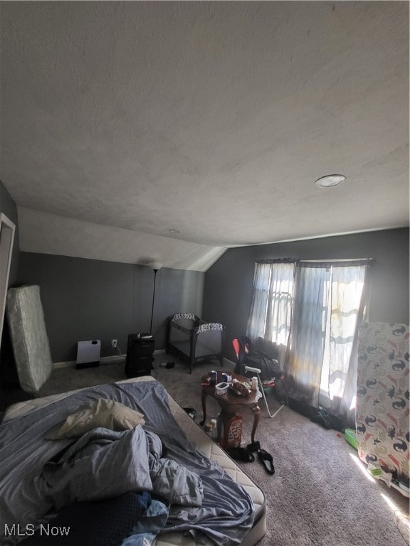 bedroom with carpet flooring, a textured ceiling, and vaulted ceiling