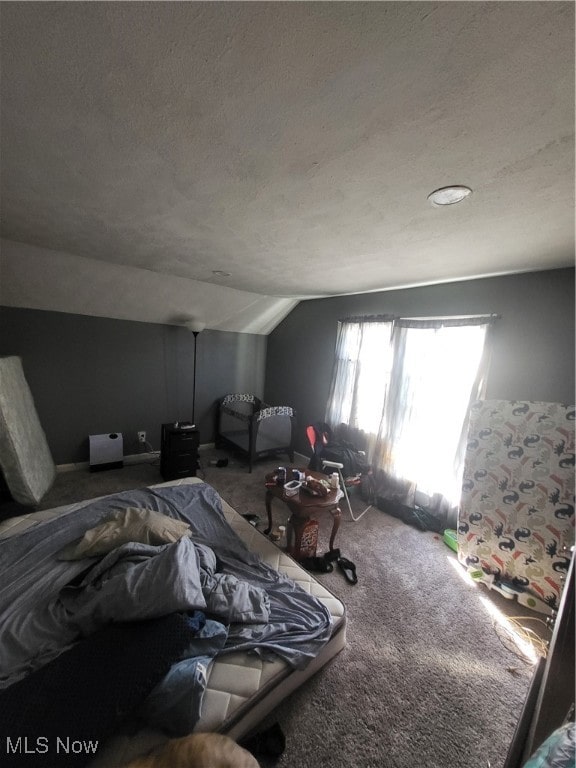 bedroom with vaulted ceiling, a textured ceiling, and carpet flooring