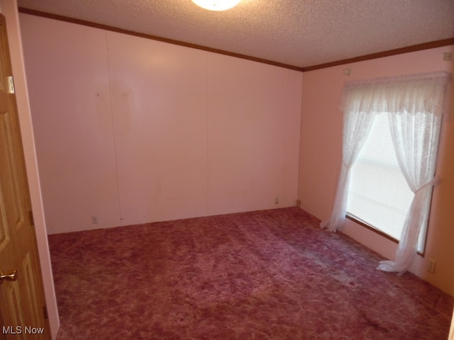 carpeted spare room featuring crown molding and a textured ceiling