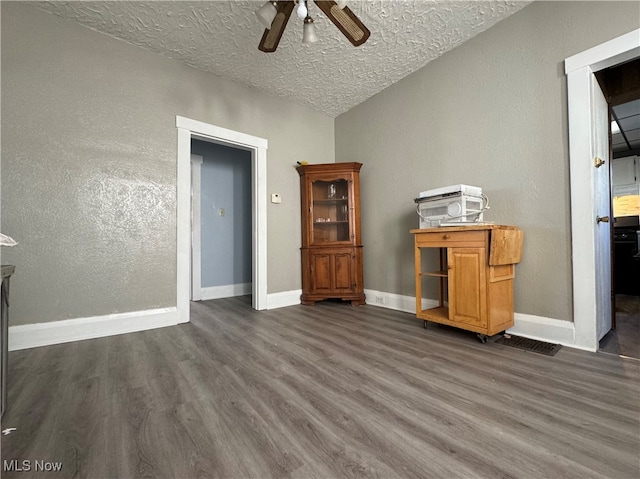 interior space featuring dark wood-type flooring, ceiling fan, a textured ceiling, and lofted ceiling