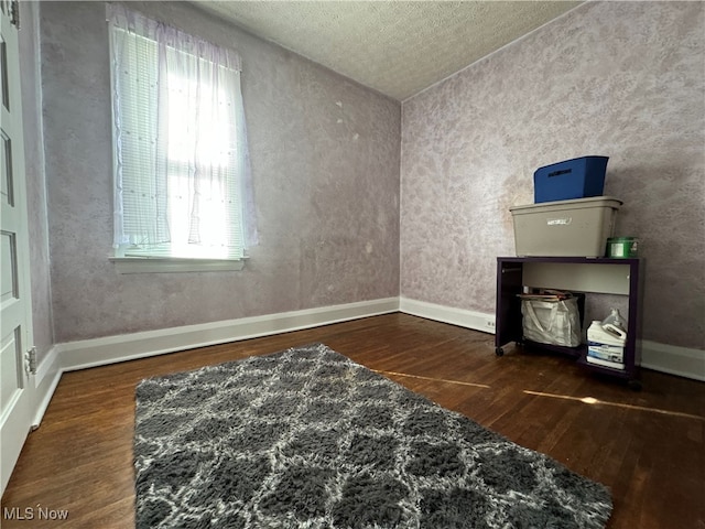 interior space featuring a textured ceiling and dark wood-type flooring