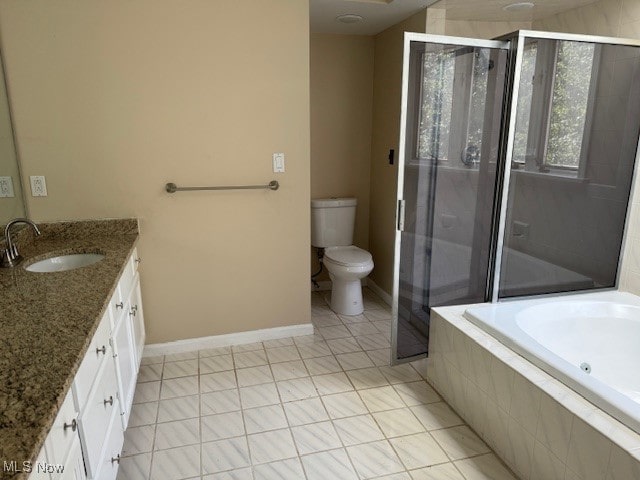 full bathroom featuring tile patterned flooring, vanity, toilet, and shower with separate bathtub