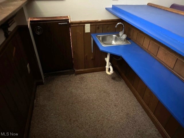 interior space featuring dark carpet and sink