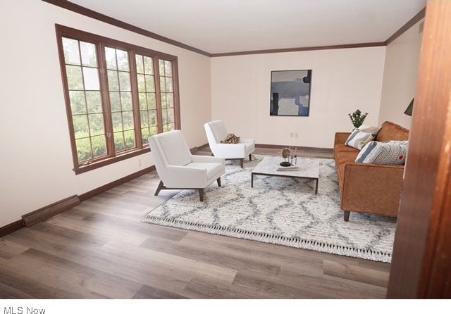 living room featuring crown molding and wood-type flooring