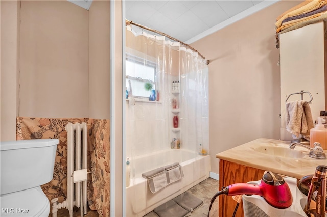 full bathroom with toilet, vanity, shower / bath combination with curtain, and radiator