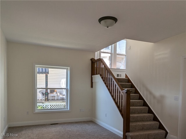 stairs featuring carpet and plenty of natural light