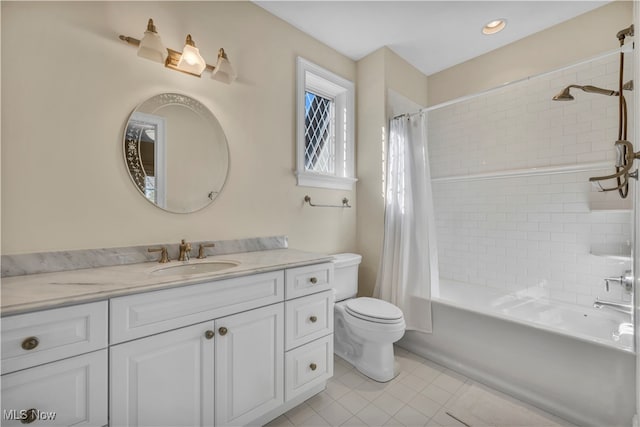 39470 Stillman Ln, Willoughby, OH 44094 - full bathroom with vanity, toilet, shower / bathtub combination with curtain, and tile patterned flooring