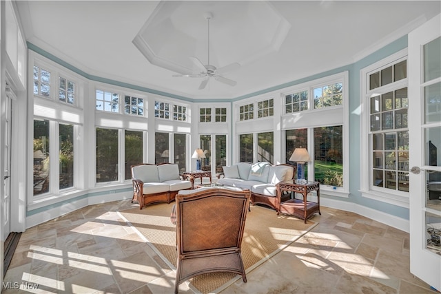 39470 Stillman Ln, Willoughby, OH 44094 - sunroom with ceiling fan, a raised ceiling, and a wealth of natural light