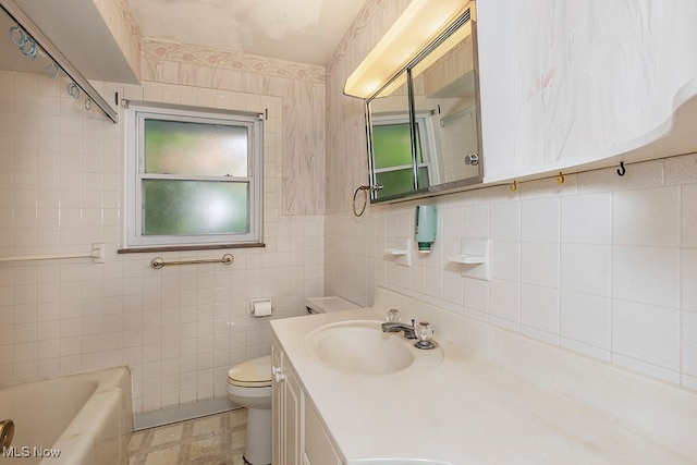 full bathroom featuring vanity, toilet, tile walls, and plus walk in shower