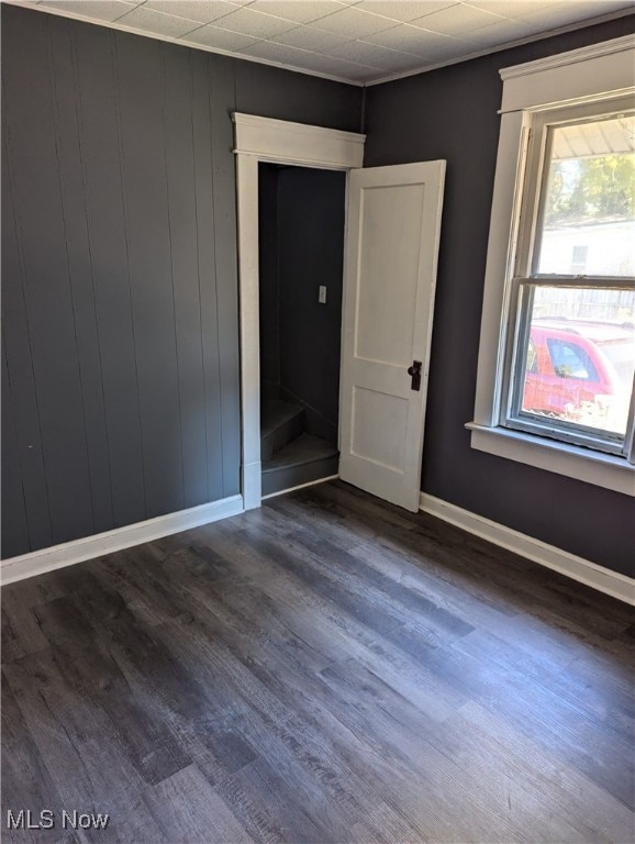 empty room with wood walls and dark hardwood / wood-style flooring