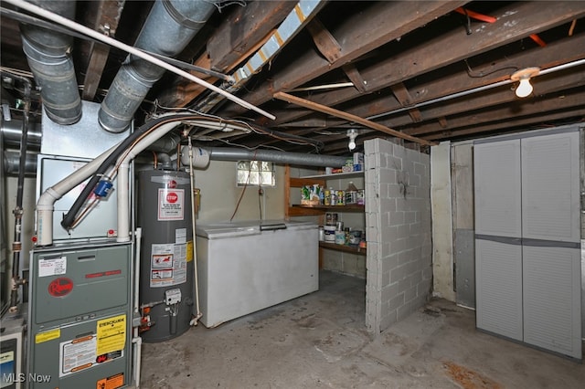 basement featuring washer / dryer, water heater, and heating unit