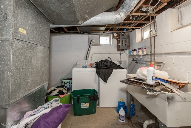 basement featuring electric panel and separate washer and dryer