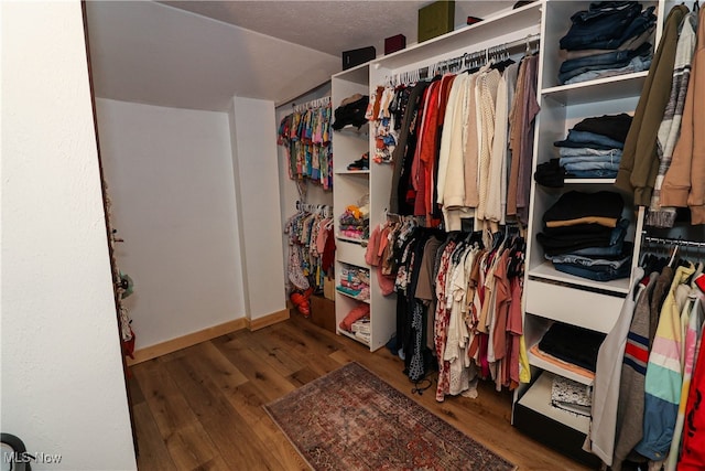 spacious closet featuring hardwood / wood-style flooring and vaulted ceiling