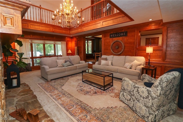 living room featuring wooden walls and carpet floors