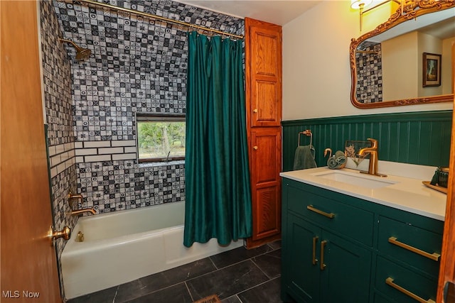 bathroom featuring vanity, shower / tub combo, and tile patterned flooring