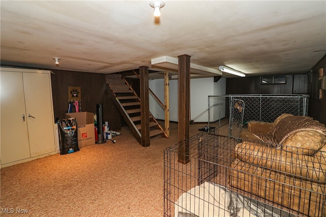 basement featuring carpet floors and wooden walls