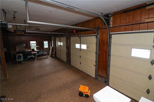 garage featuring wood walls