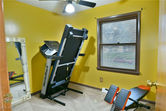 exercise area with ceiling fan and light colored carpet