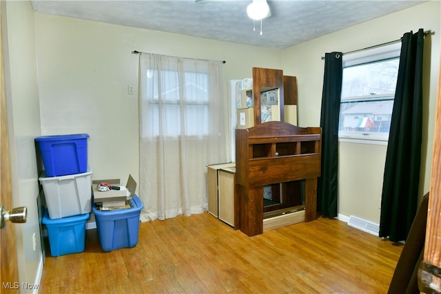 misc room featuring a wealth of natural light, ceiling fan, a textured ceiling, and light wood-type flooring