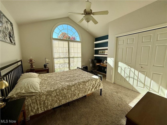 bedroom featuring ceiling fan, lofted ceiling, light carpet, and a closet