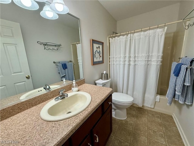 full bathroom featuring tile patterned flooring, vanity, toilet, and shower / bathtub combination with curtain