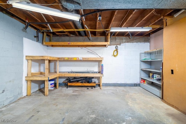 basement with a workshop area