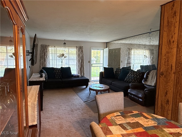 living room featuring a textured ceiling and carpet flooring