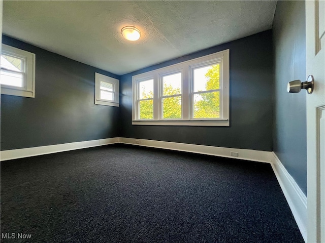 unfurnished room featuring a textured ceiling and carpet flooring