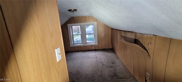 additional living space with carpet, wood walls, a textured ceiling, and lofted ceiling